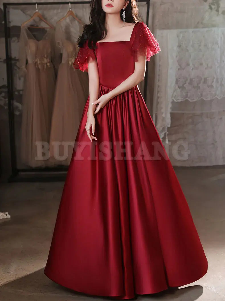Buyishang Simple Burgundy Satin Long Prom Dress Burgundy Bridesmaid Dress prom dress in store