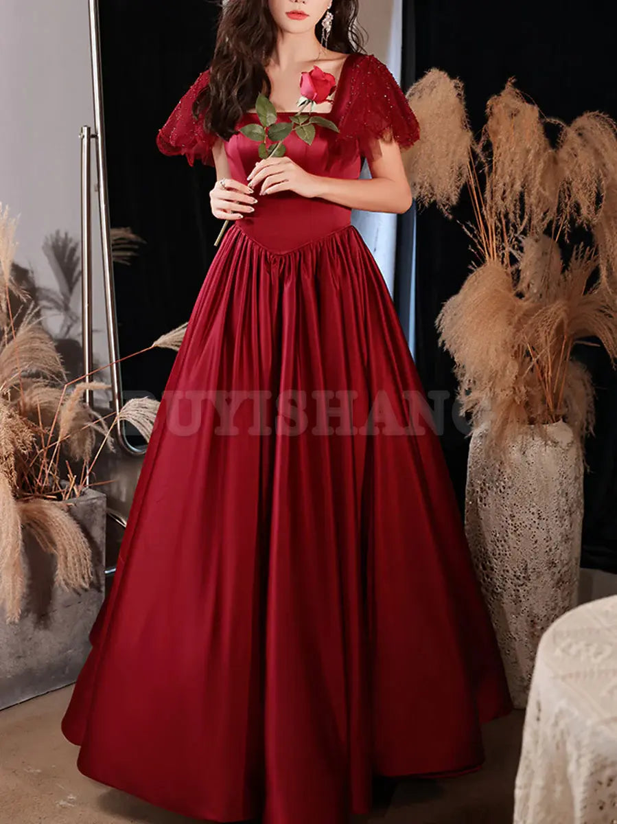 Buyishang Simple Burgundy Satin Long Prom Dress Burgundy Bridesmaid Dress prom dress in store