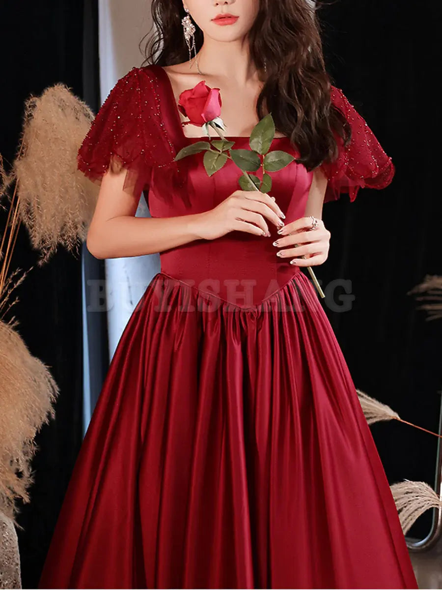 Buyishang Simple Burgundy Satin Long Prom Dress Burgundy Bridesmaid Dress prom dress in store