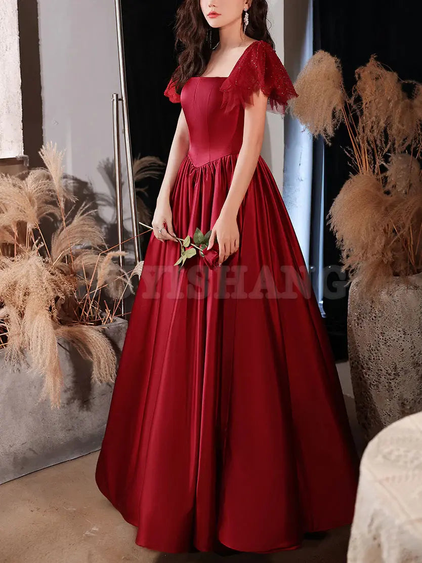 Buyishang Simple Burgundy Satin Long Prom Dress Burgundy Bridesmaid Dress prom dress in store