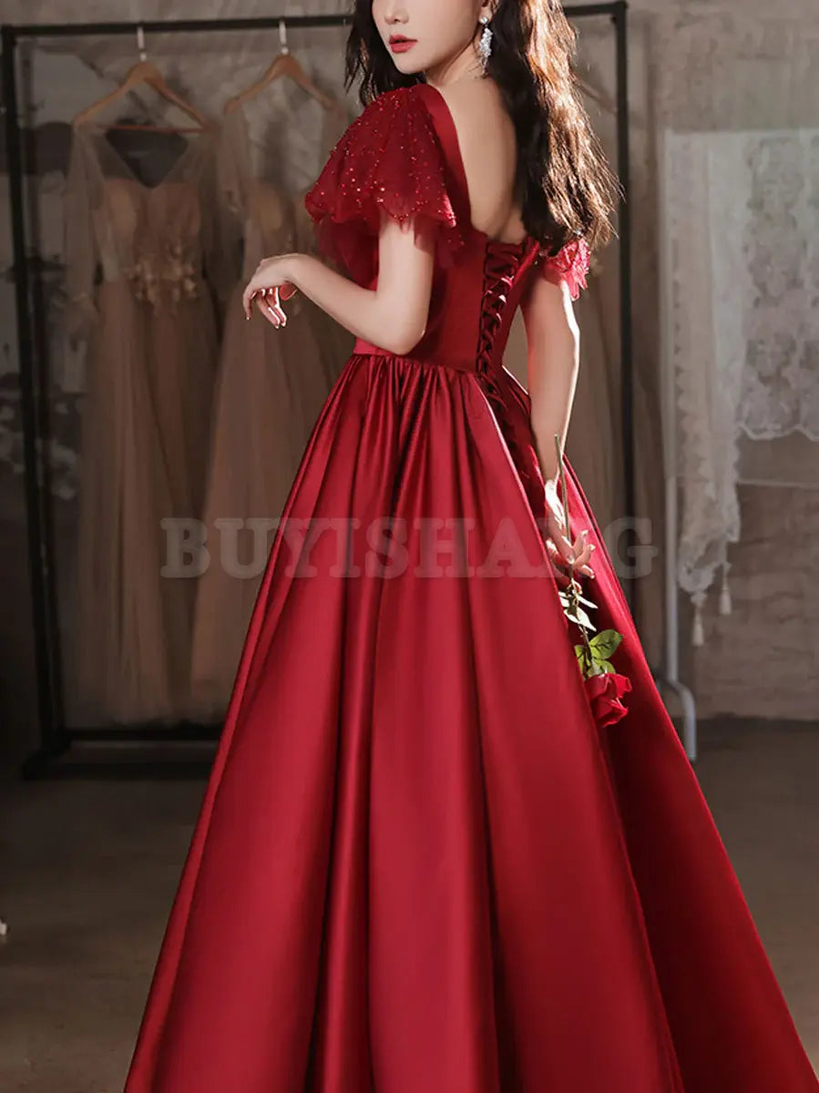 Buyishang Simple Burgundy Satin Long Prom Dress Burgundy Bridesmaid Dress prom dress in store
