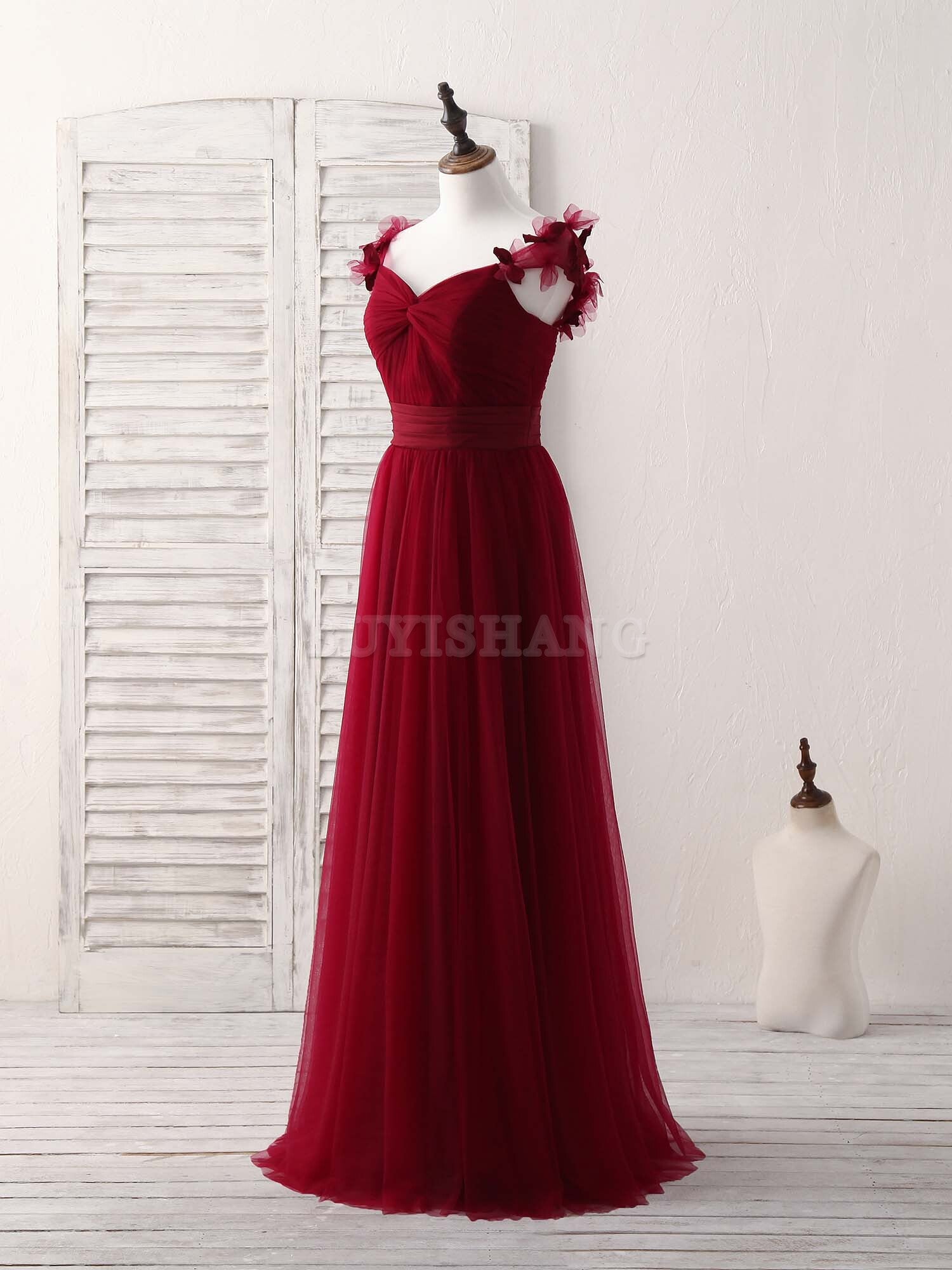 Buyishang Simple Burgundy Tulle Long Prom Dress Burgundy Bridesmaid Dress Bridesmaid dress shop