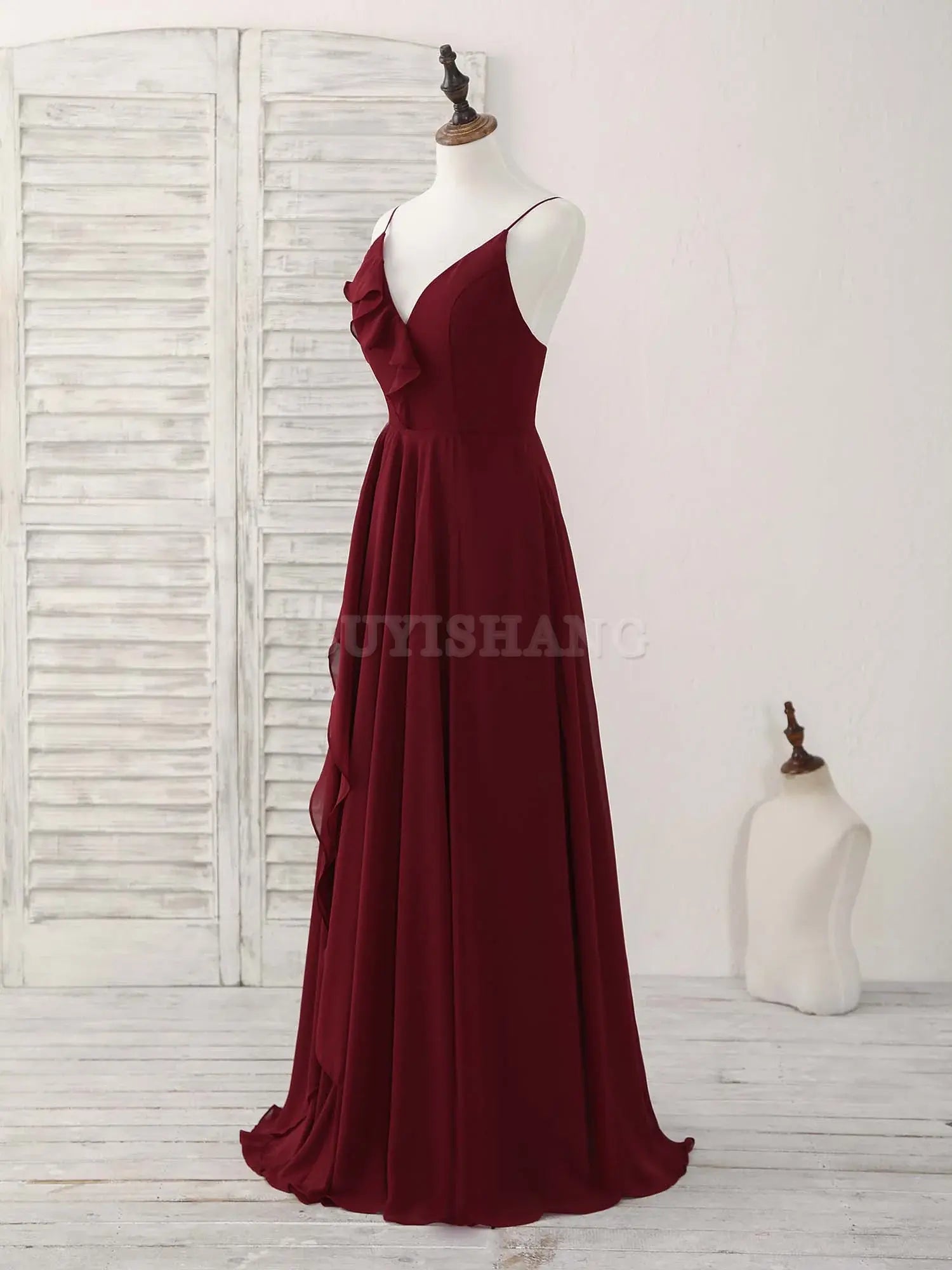 Buyishang Simple Burgundy V Neck Chiffon Long Prom Dress Bridesmaid Dress Bridesmaid dress shop