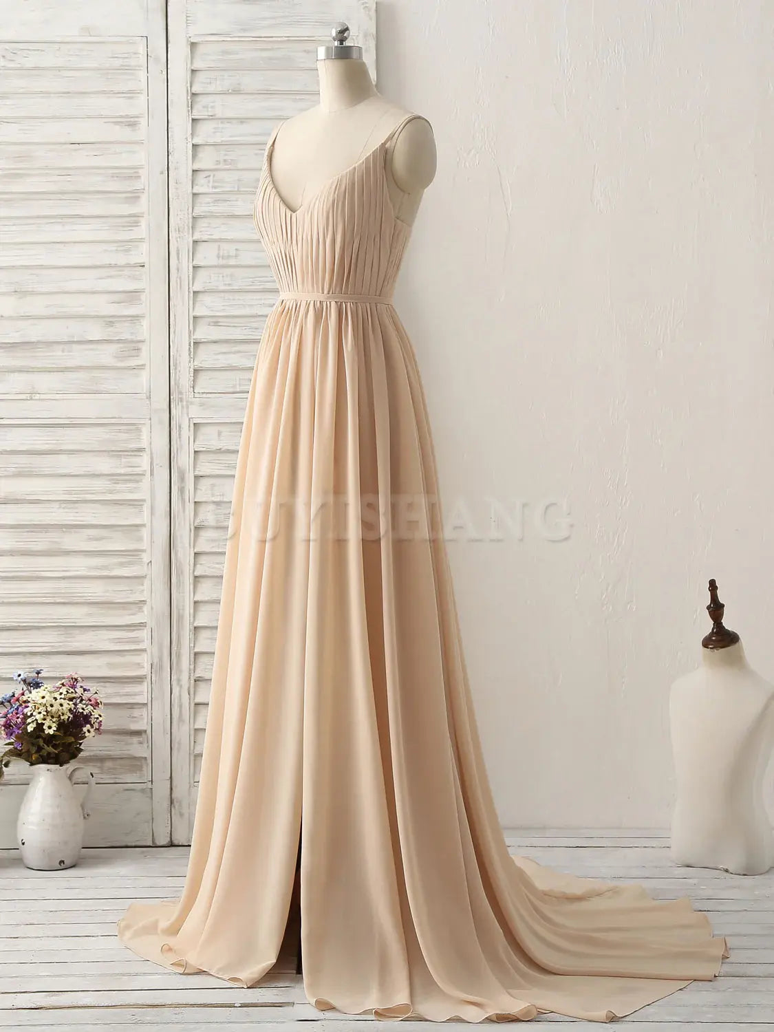Buyishang Simple Champagne Long Prom Dresses V Neck Chiffon Bridesmaid Dress Bridesmaid dress shop