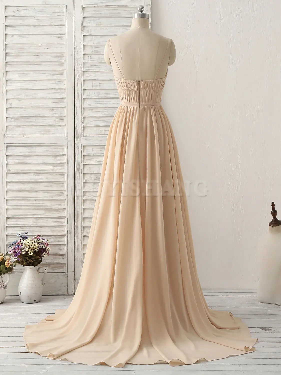 Buyishang Simple Champagne Long Prom Dresses V Neck Chiffon Bridesmaid Dress Bridesmaid dress shop