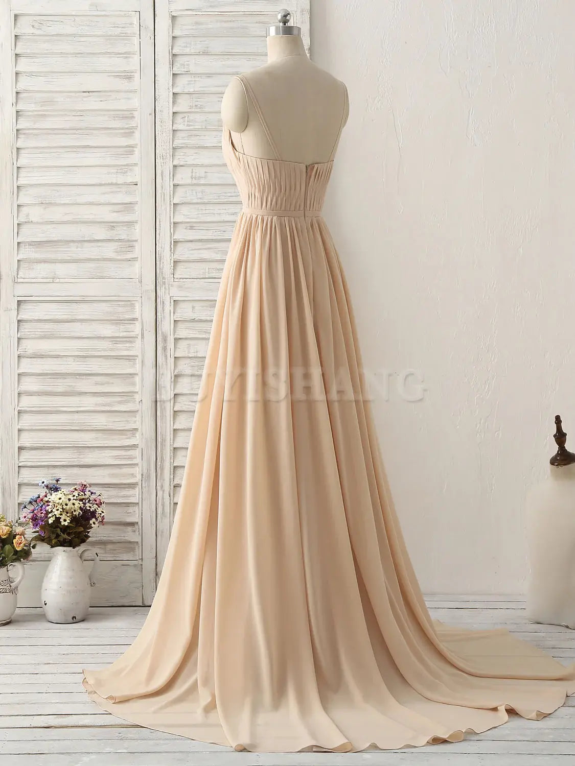Buyishang Simple Champagne Long Prom Dresses V Neck Chiffon Bridesmaid Dress Bridesmaid dress shop