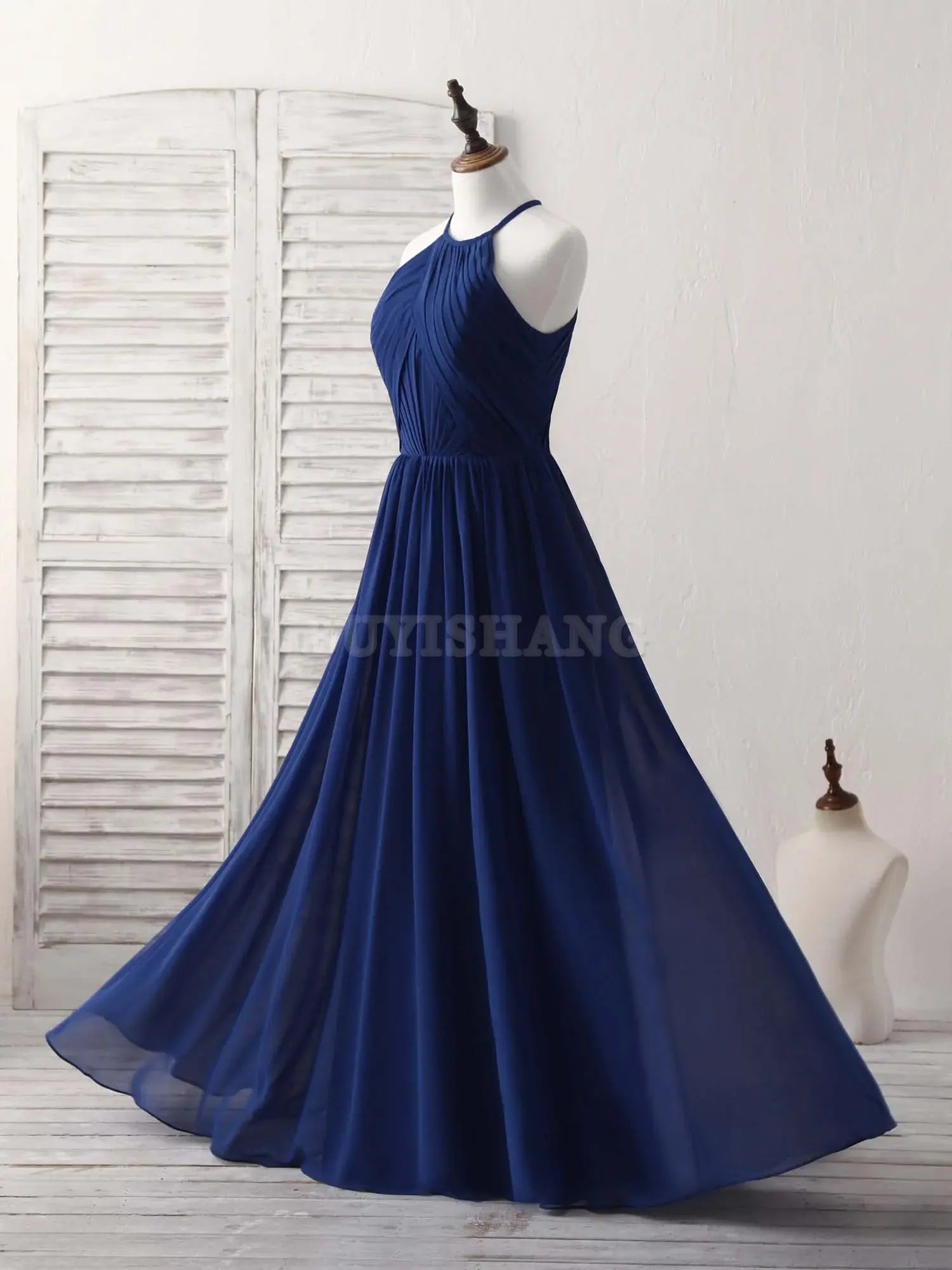 Buyishang Simple Dark Blue Chiffon Long Prom Dress Blue Bridesmaid Dress Bridesmaid dress shop