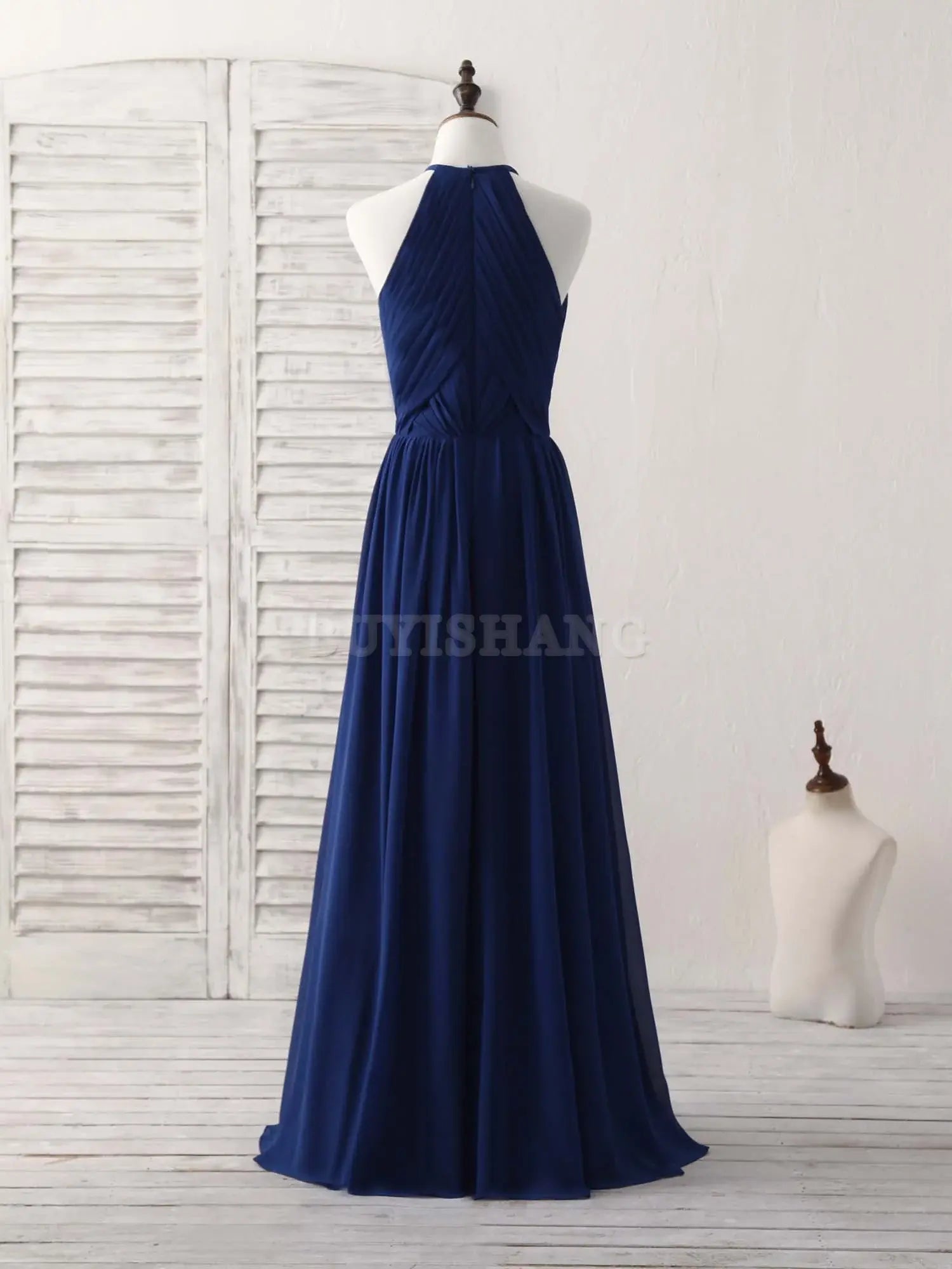 Buyishang Simple Dark Blue Chiffon Long Prom Dress Blue Bridesmaid Dress Bridesmaid dress shop