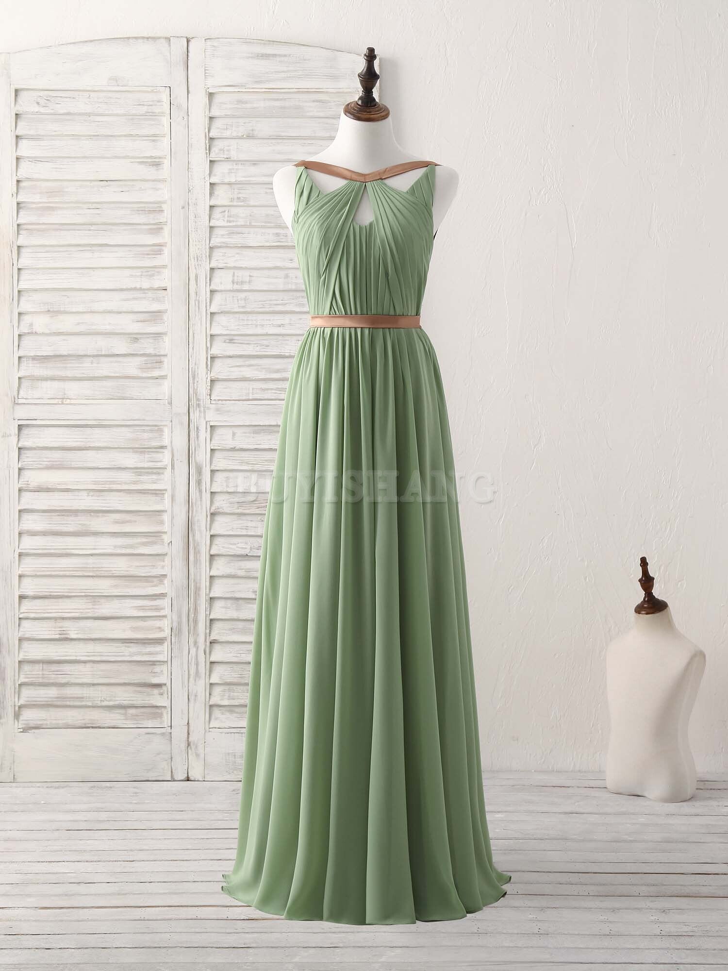 Buyishang Simple Green Chiffon Long Prom Dress Green Bridesmaid Dress Bridesmaid dress shop