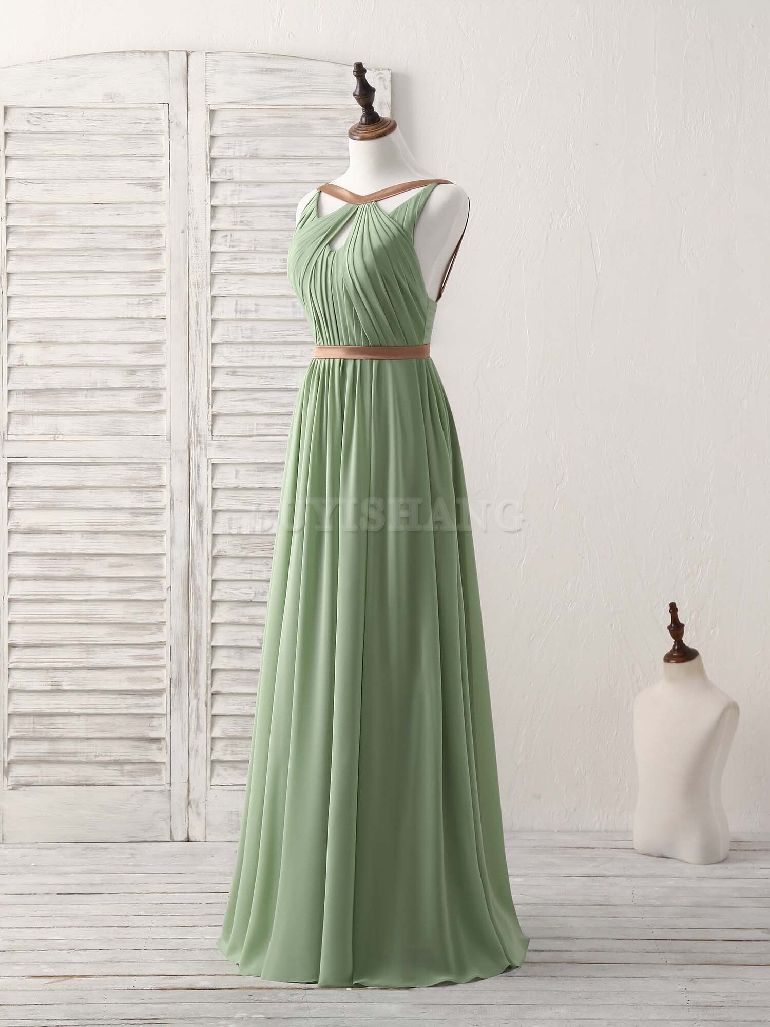Buyishang Simple Green Chiffon Long Prom Dress Green Bridesmaid Dress Bridesmaid dress shop