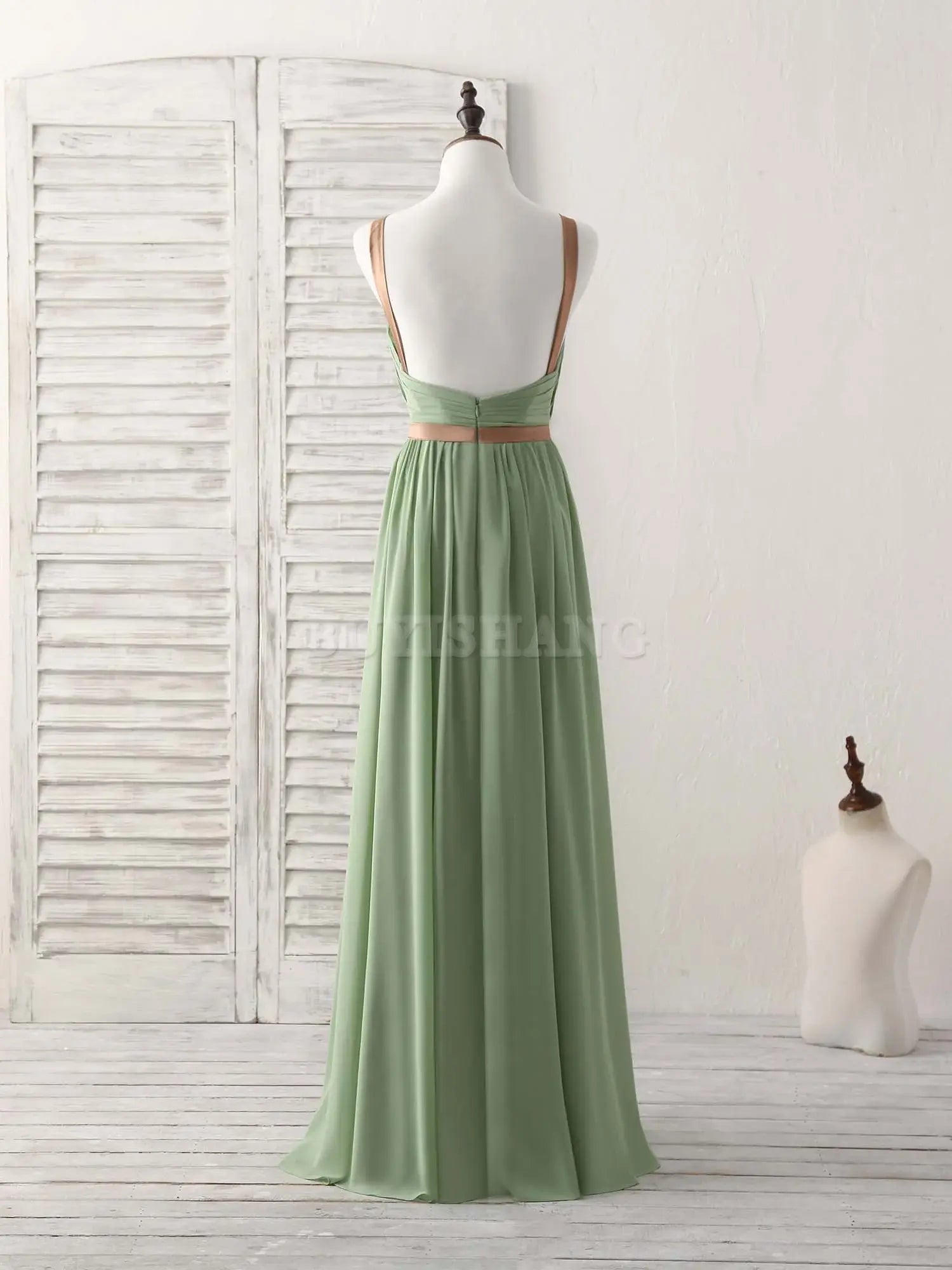 Buyishang Simple Green Chiffon Long Prom Dress Green Bridesmaid Dress Bridesmaid dress shop