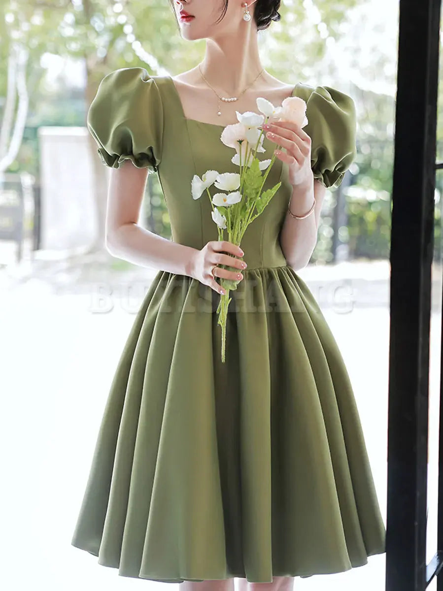 Buyishang Simple Green Satin Short Prom Dress Green Satin Bridesmaid Dress Bridesmaid dress shop