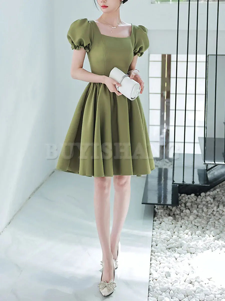 Buyishang Simple Green Satin Short Prom Dress Green Satin Bridesmaid Dress Bridesmaid dress shop