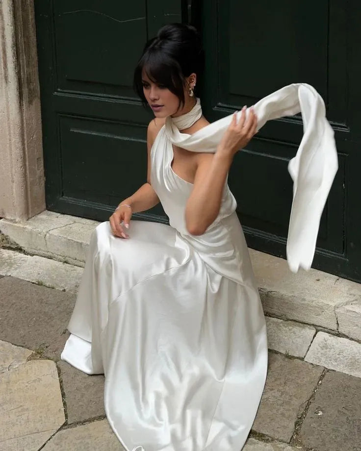 Buyishang Simple Mermaid High Neckline White Party Dress Long Prom Dresses