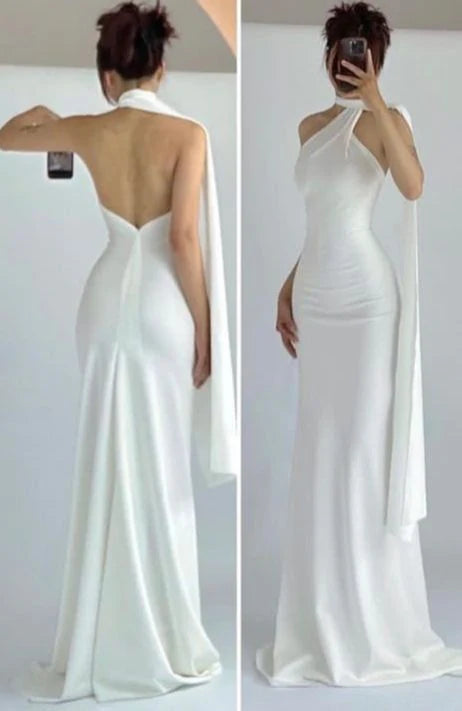 Buyishang Simple Mermaid High Neckline White Party Dress Long Prom Dresses formal wear dresses