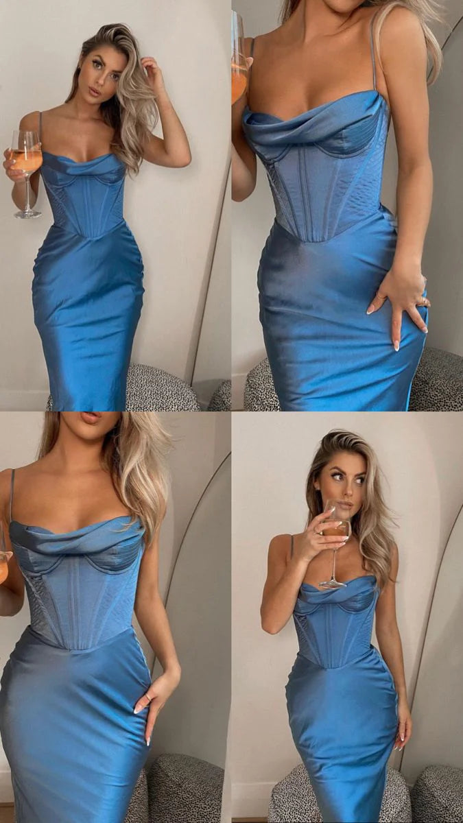 Buyishang Simple Mermaid Spaghetti Straps Neckline Long Party Dress Satin Blue Prom Dresses