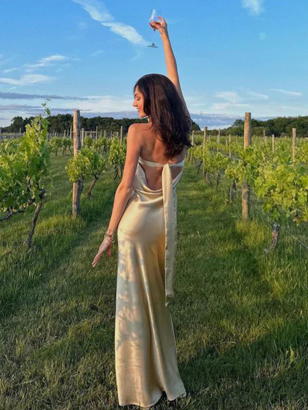 Buyishang Simple Mermaid Strapless Neckline Long Party Dress Satin Yellow Prom Dresses