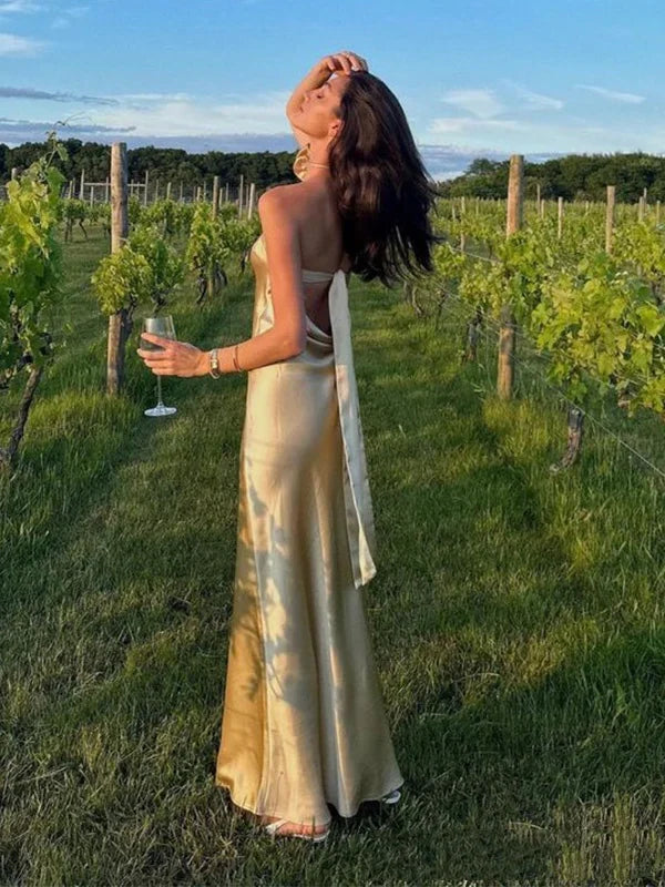 Buyishang Simple Mermaid Strapless Neckline Long Party Dress Satin Yellow Prom Dresses