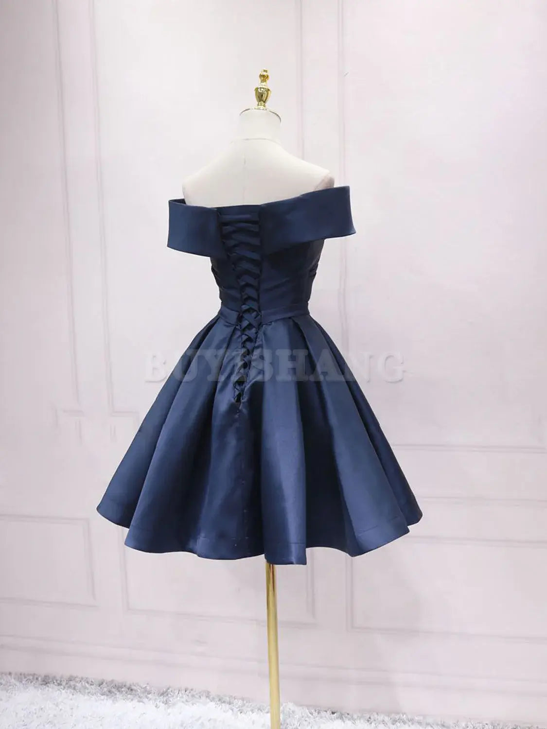 Buyishang Simple Off Shoulder Satin Dark Blue Short Prom Dress Blue Homecoming Dress Bridesmaid dress shop