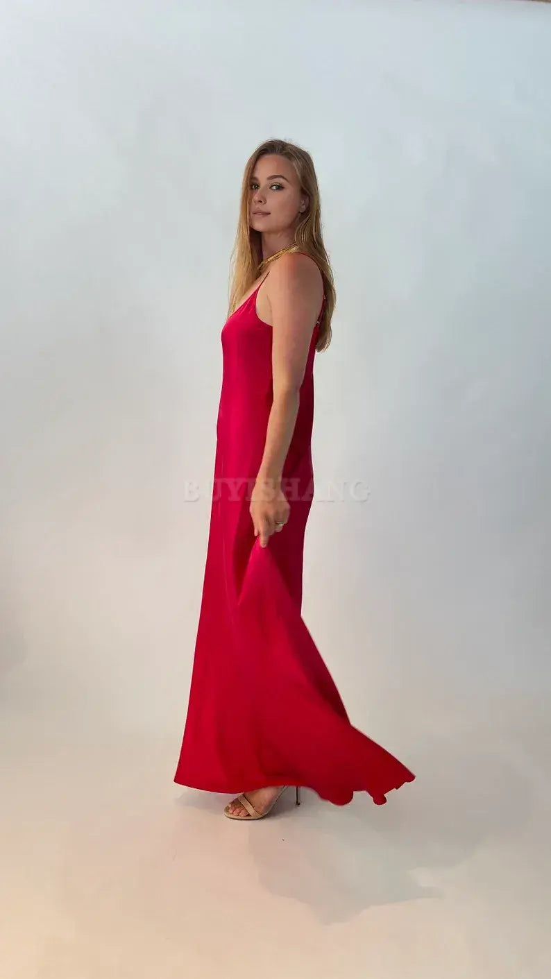 Buyishang Simple Red Silk Charmeuse evening dress bridesmaid dress New Arrivals
