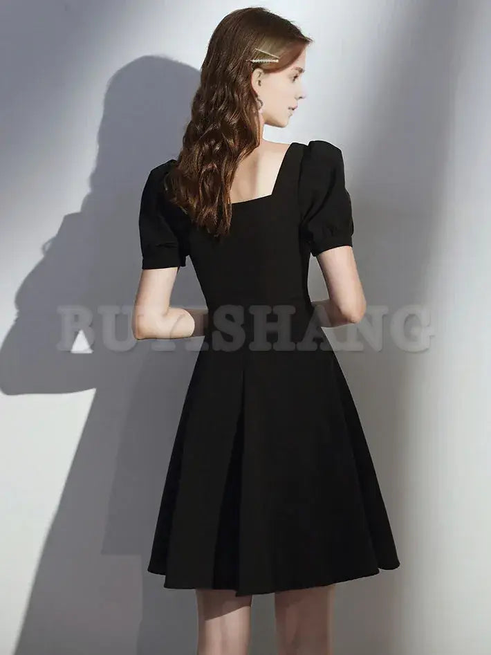 Buyishang Simple Satin Black Short Prom Dress Black Homecoming Dress prom dress in store