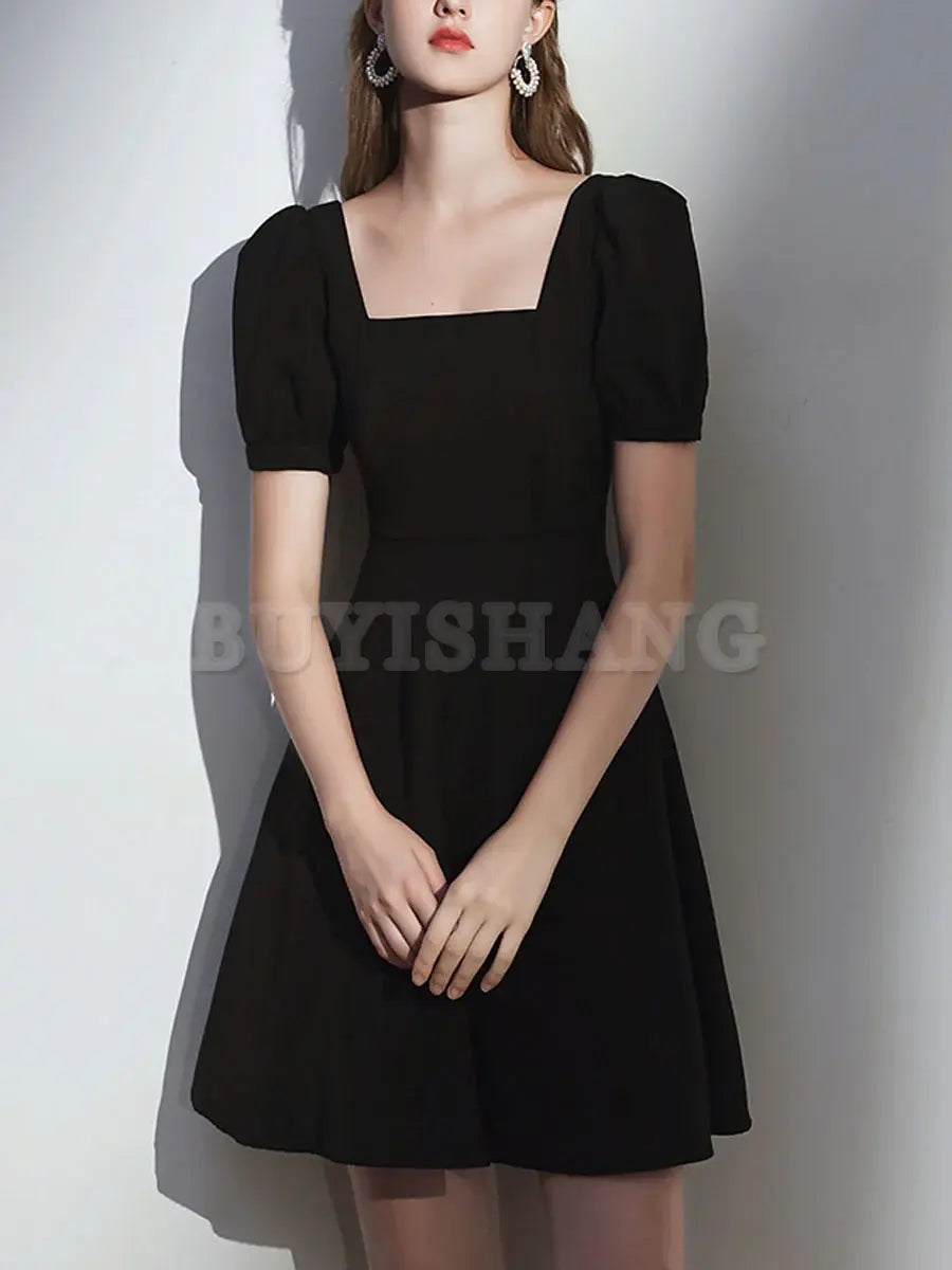 Buyishang Simple Satin Black Short Prom Dress Black Homecoming Dress prom dress in store