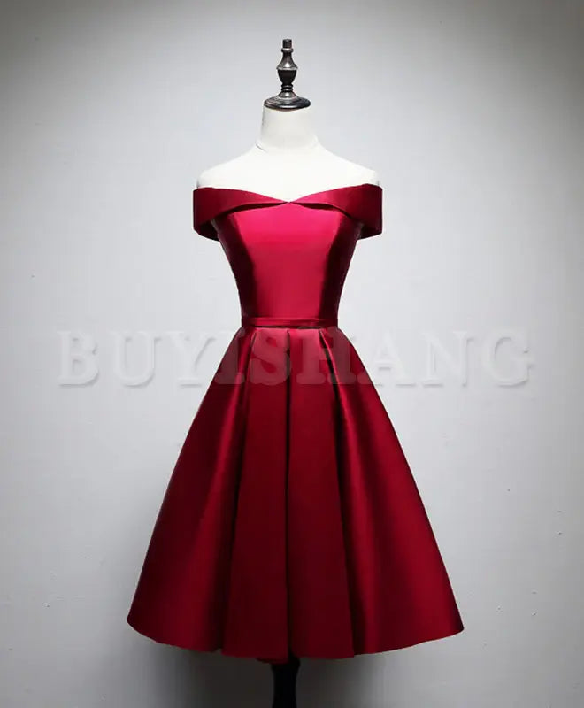 Buyishang Simple Satin Burgundy Short Prom Dress Burgundy Homecoming Dress prom dress in store