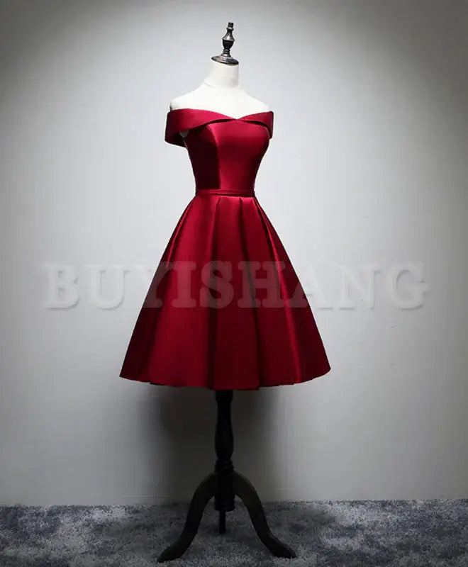 Buyishang Simple Satin Burgundy Short Prom Dress Burgundy Homecoming Dress prom dress in store