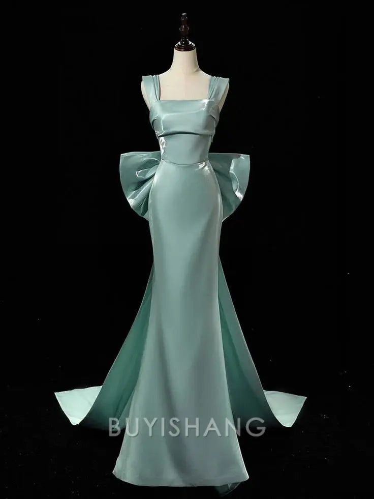 Buyishang Simple Satin Long Prom Dress Long Formal Dress With Bow Evening Gowns