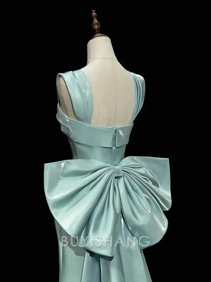 Buyishang Simple Satin Long Prom Dress Long Formal Dress With Bow Evening Gowns