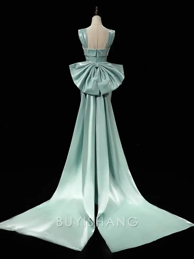 Buyishang Simple Satin Long Prom Dress Long Formal Dress With Bow Evening Gowns
