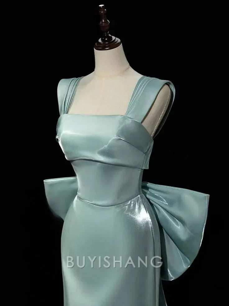 Buyishang Simple Satin Long Prom Dress Long Formal Dress With Bow Evening Gowns