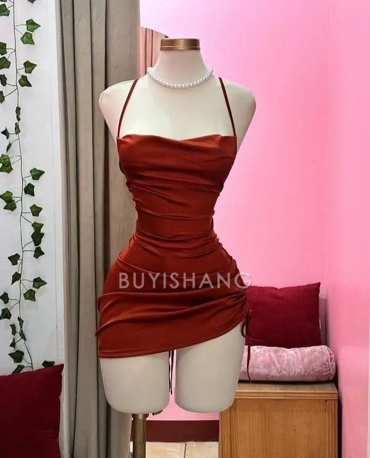 Buyishang Simple Sheath Halter Burgundy Satin Homecoming Dresses Short Cocktail Dress With Ruffles
