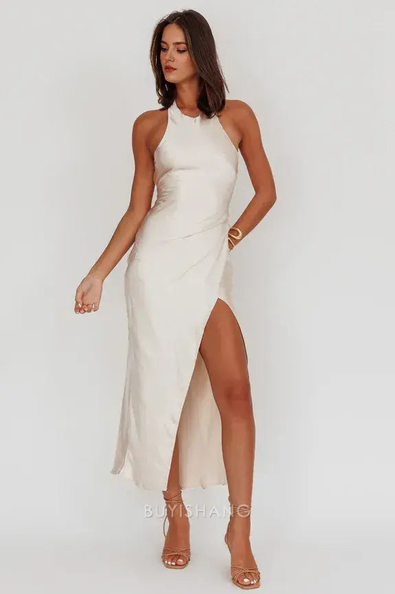 Simple Sheath High Neck Sleeveless Open Back Ankle-Length Side Slit prom dress