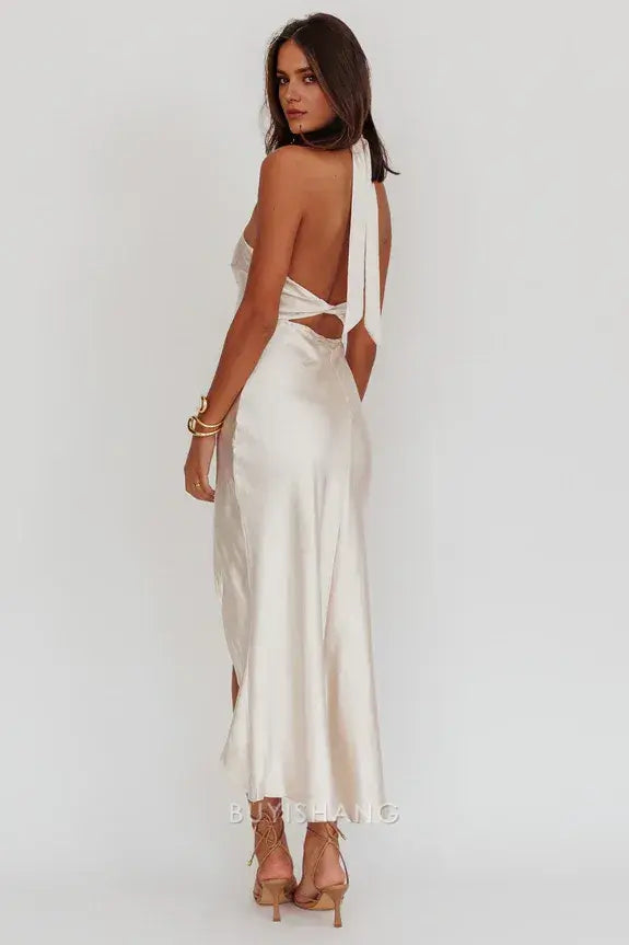 Simple Sheath High Neck Sleeveless Open Back Ankle-Length Side Slit prom dress