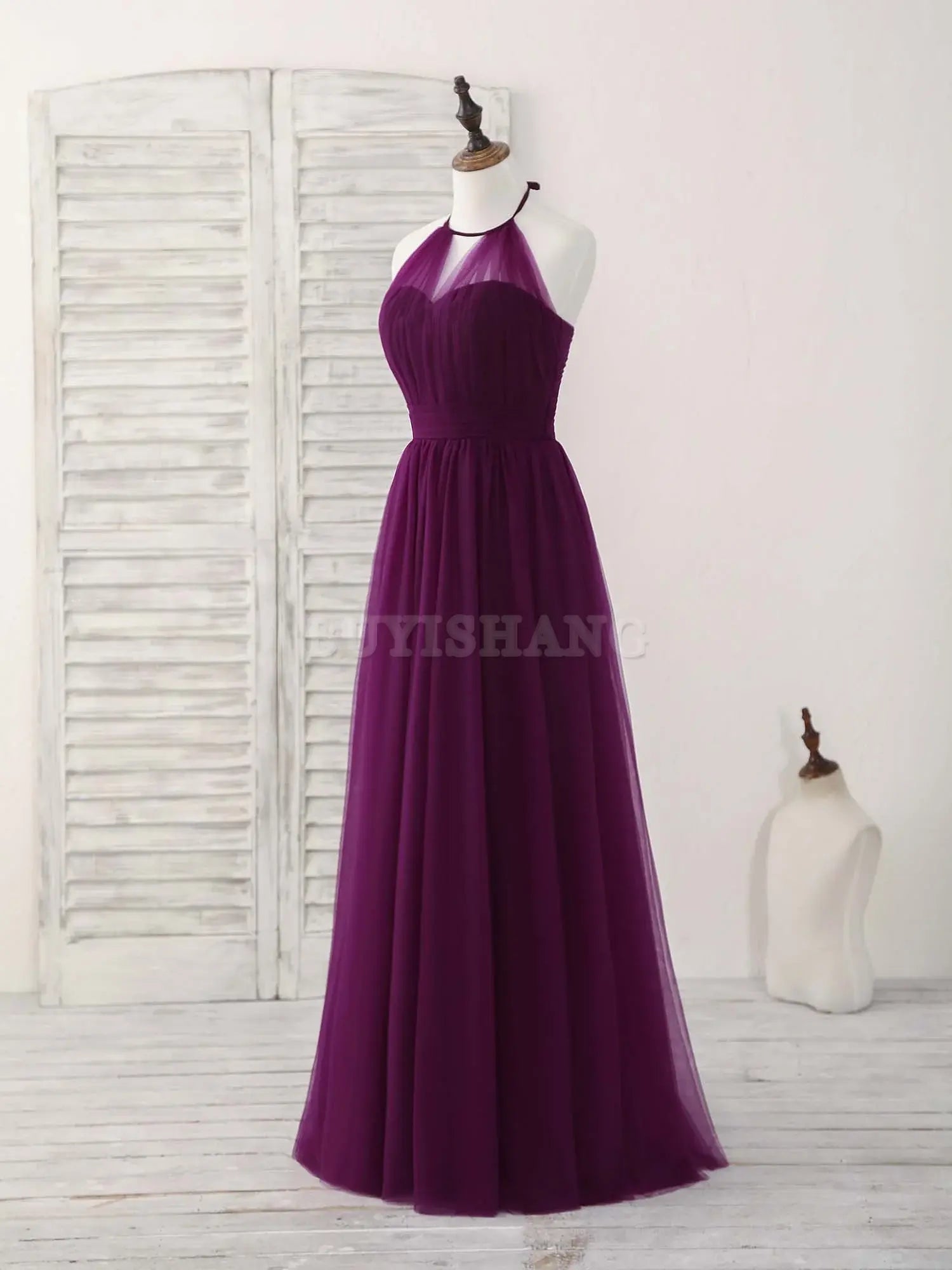 Buyishang Simple Tulle A-Line Purple Long Prom Dress Bridesmaid Dress Bridesmaid dress shop