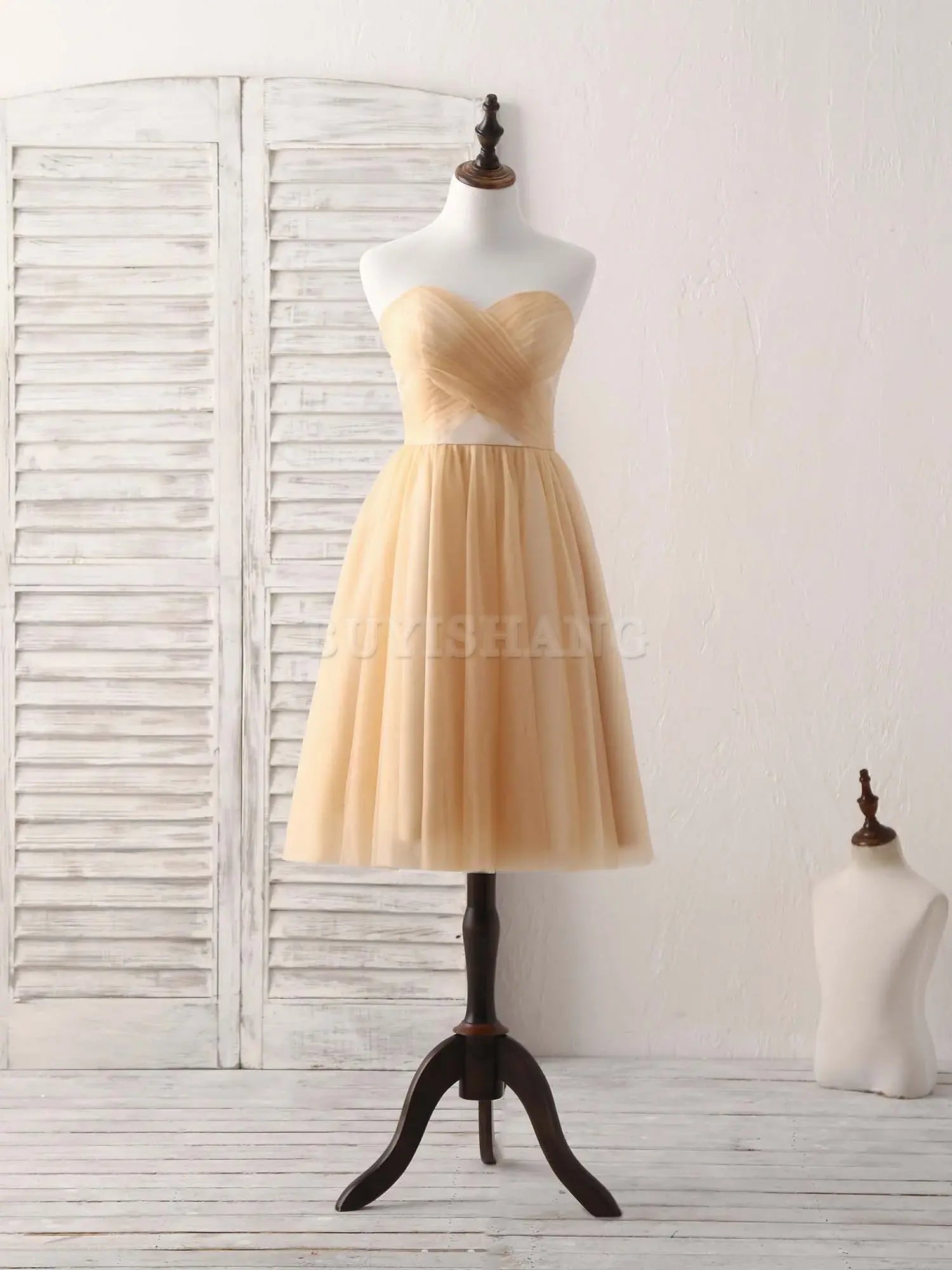 Buyishang Simple Tulle Champagne Short Prom Dress Tulle Bridesmaid Dress Bridesmaid dress shop