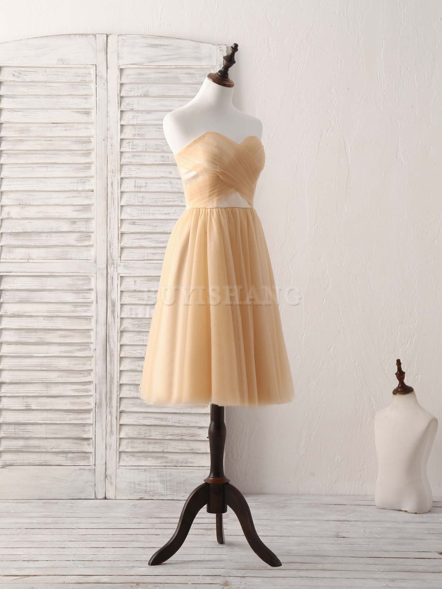 Buyishang Simple Tulle Champagne Short Prom Dress Tulle Bridesmaid Dress Bridesmaid dress shop