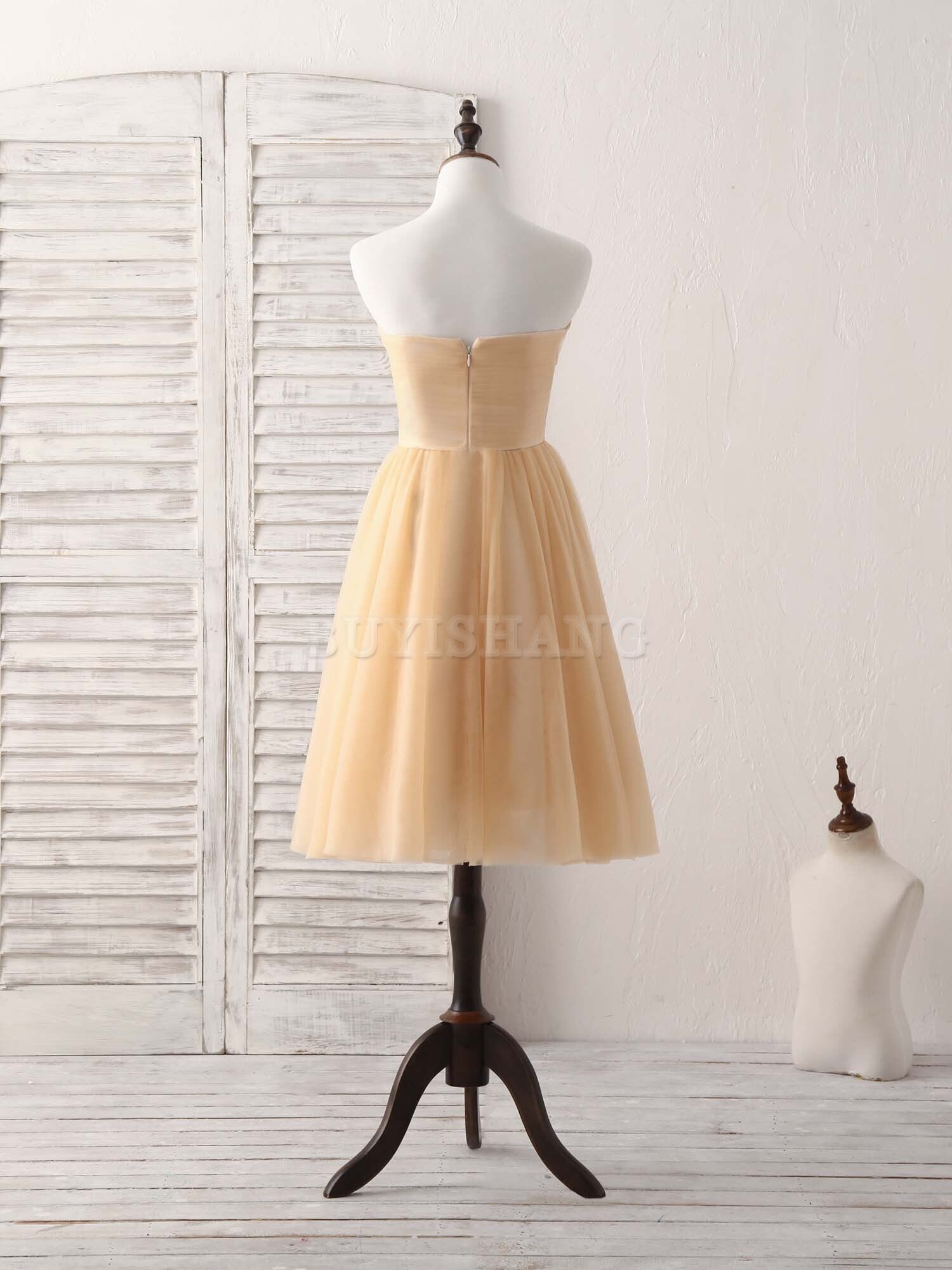 Buyishang Simple Tulle Champagne Short Prom Dress Tulle Bridesmaid Dress Bridesmaid dress shop