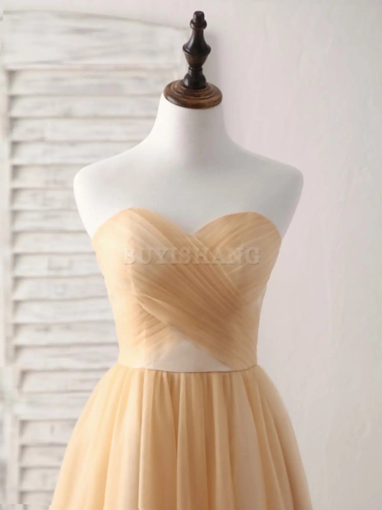 Buyishang Simple Tulle Champagne Short Prom Dress Tulle Bridesmaid Dress Bridesmaid dress shop