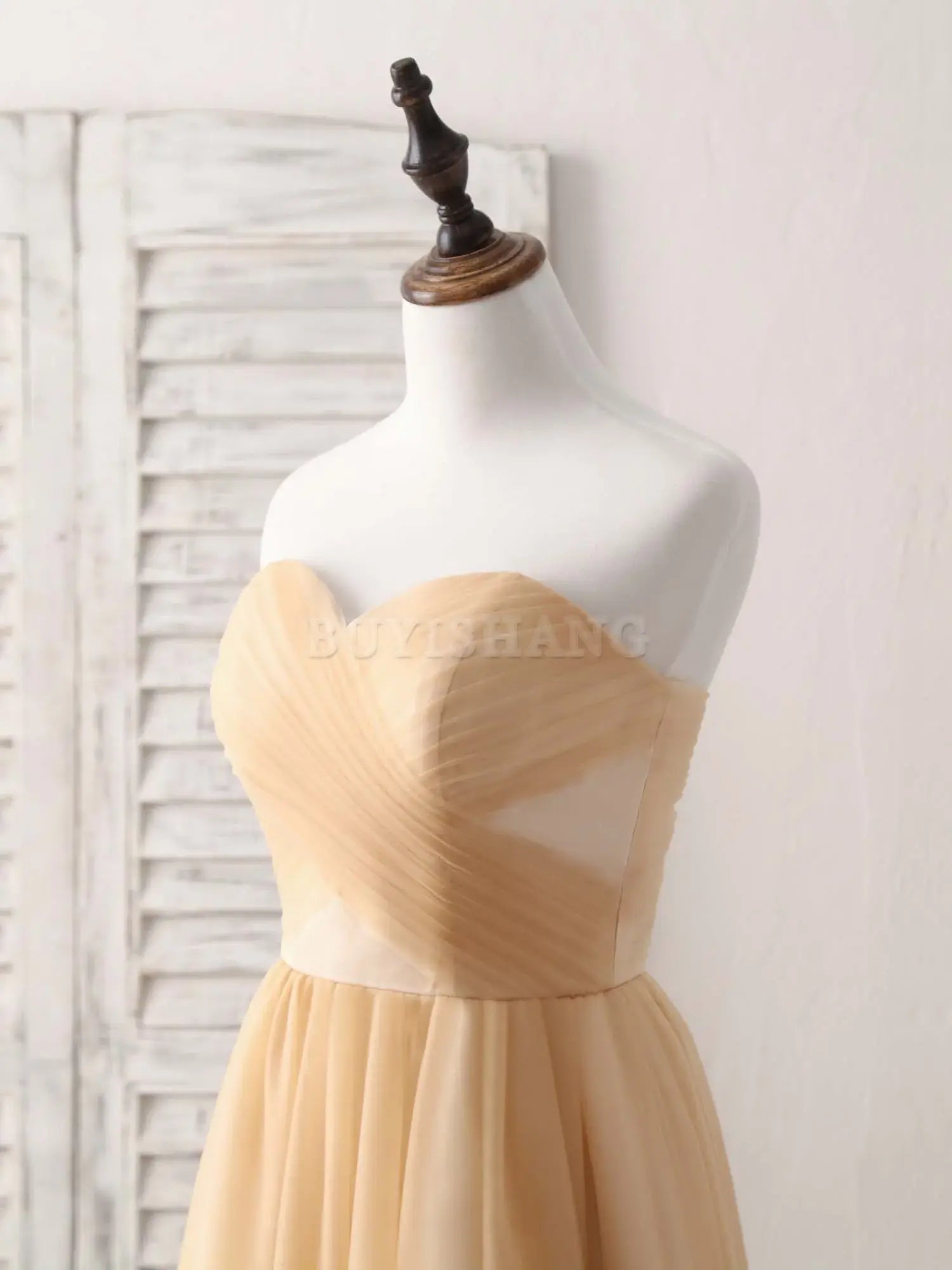Buyishang Simple Tulle Champagne Short Prom Dress Tulle Bridesmaid Dress Bridesmaid dress shop