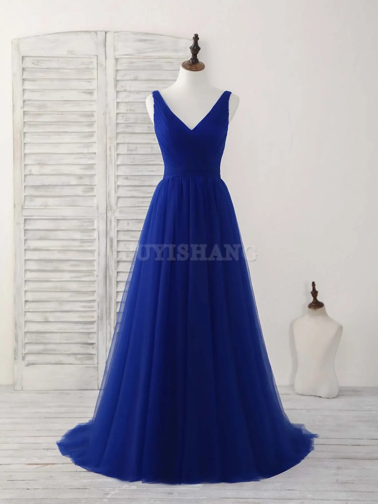 Buyishang Simple V Neck Blue Tulle Long Prom Dress Blue Evening Dress Bridesmaid dress shop