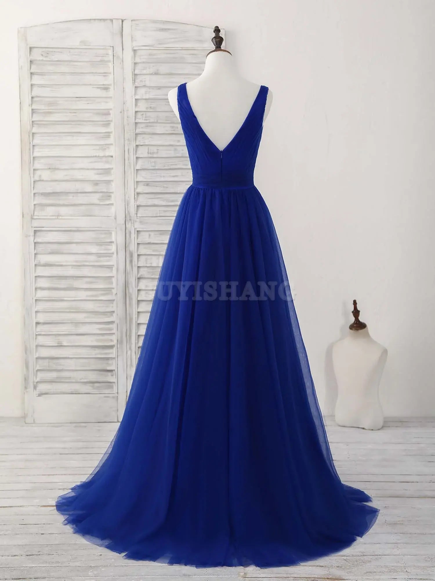 Buyishang Simple V Neck Blue Tulle Long Prom Dress Blue Evening Dress Bridesmaid dress shop