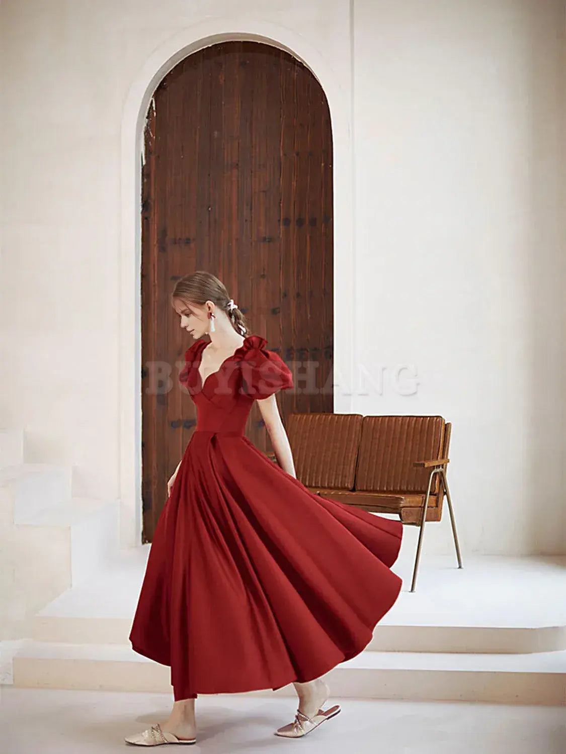 Buyishang Simple V Neck Burgundy Tea Length Prom Dress Burgundy Bridesmaid Dress Bridesmaid dress shop