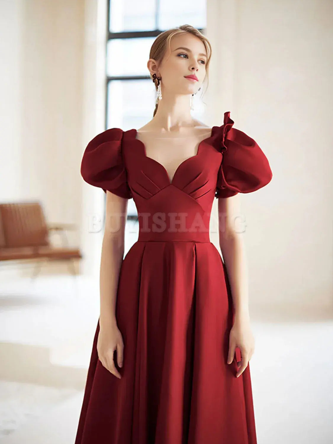 Buyishang Simple V Neck Burgundy Tea Length Prom Dress Burgundy Bridesmaid Dress Bridesmaid dress shop