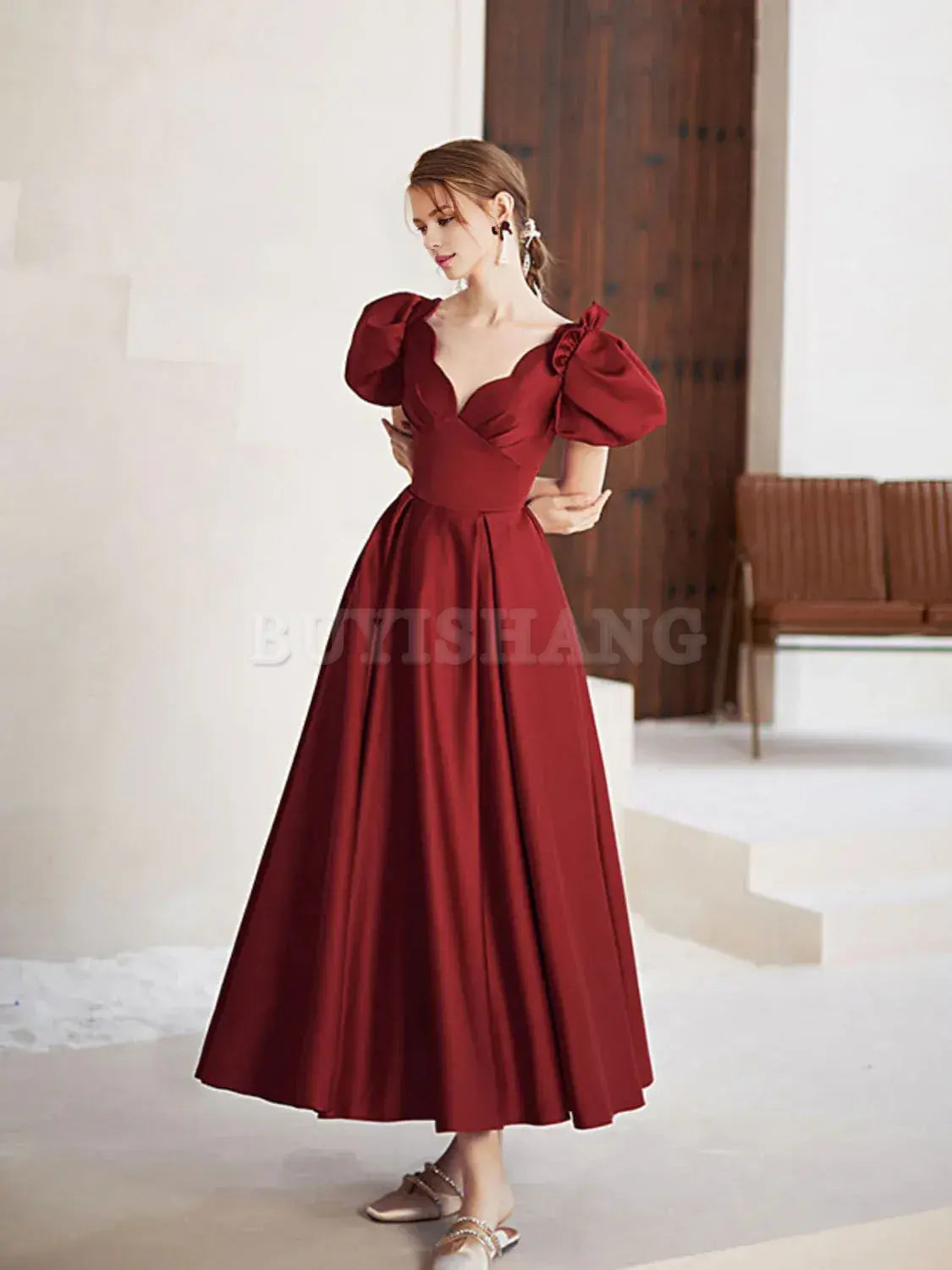Buyishang Simple V Neck Burgundy Tea Length Prom Dress Burgundy Bridesmaid Dress Bridesmaid dress shop