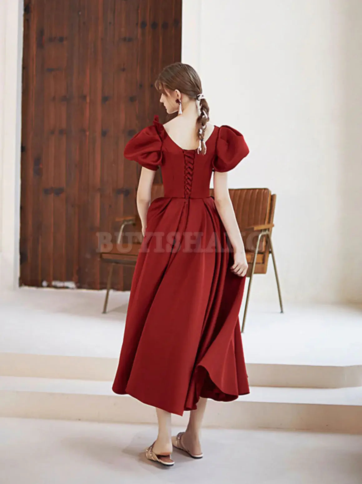 Buyishang Simple V Neck Burgundy Tea Length Prom Dress Burgundy Bridesmaid Dress Bridesmaid dress shop