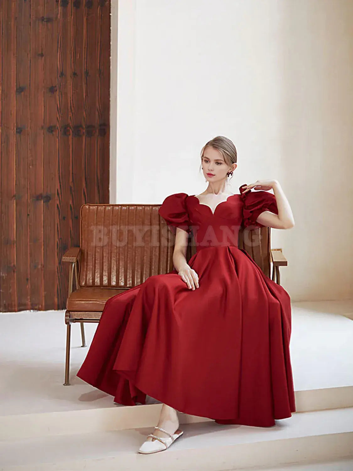 Buyishang Simple V Neck Burgundy Tea Length Prom Dress Burgundy Bridesmaid Dress Bridesmaid dress shop