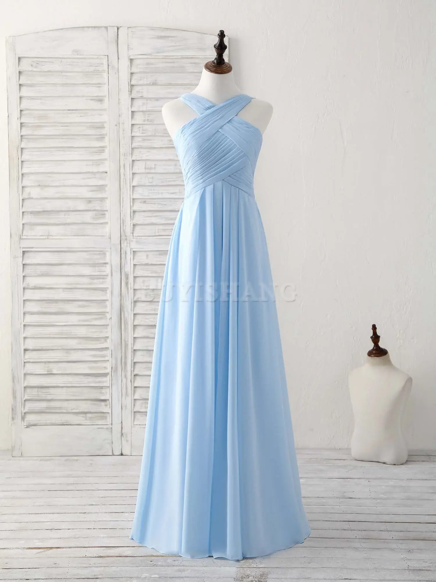 Buyishang Simple V Neck Chiffon Blue Long Prom Dress Blue Bridesmaid Dress Bridesmaid dress shop
