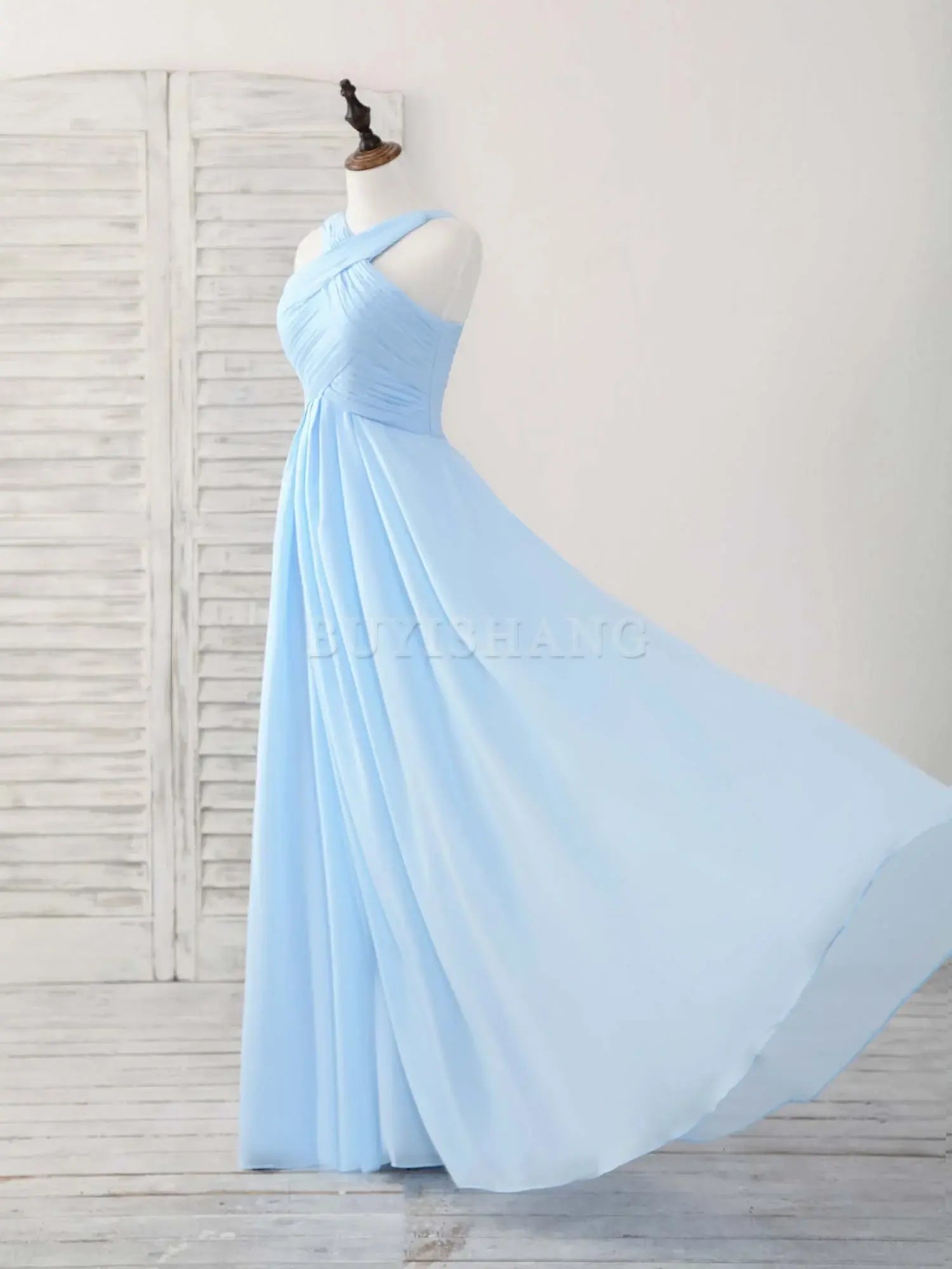 Buyishang Simple V Neck Chiffon Blue Long Prom Dress Blue Bridesmaid Dress Bridesmaid dress shop